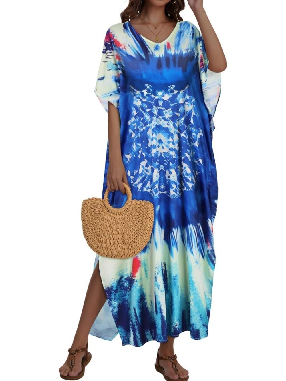 〽️Women Blue Spiral Plus Size V Neck Caftan Long Batwing Swimsuit Cover Up